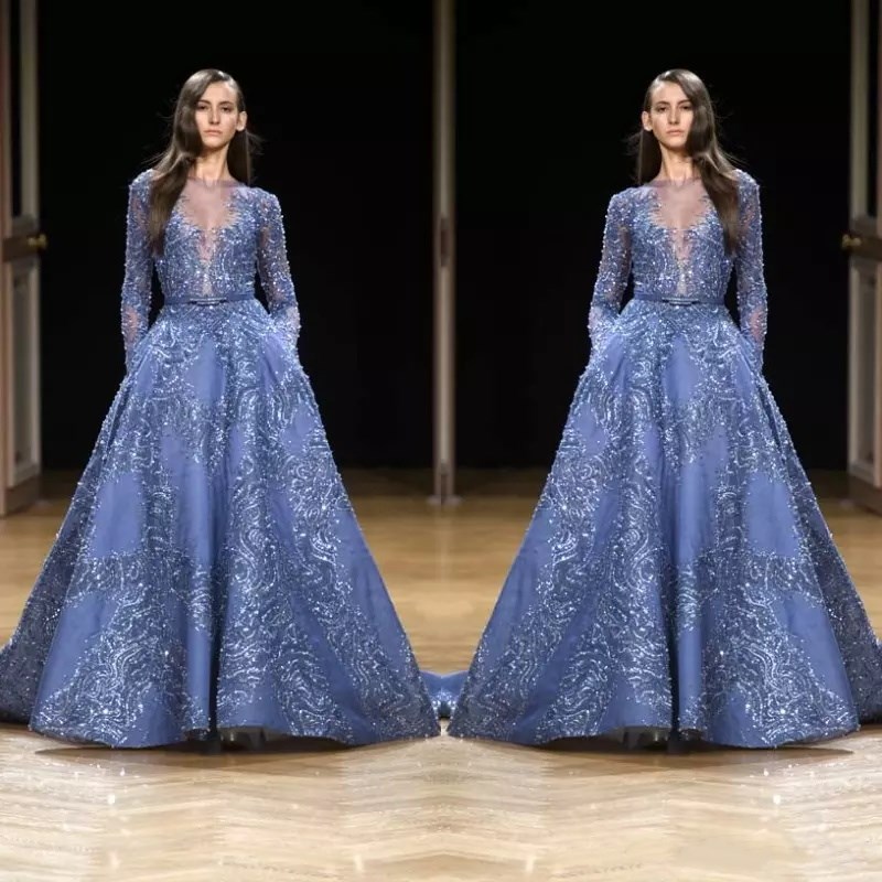 Zuhair Murad Gorgeous Prom Gowns Sheer Neck Long Sleeves Sequins Lace Applique Evening Dresses Charming Red Carpet Formal Dresses