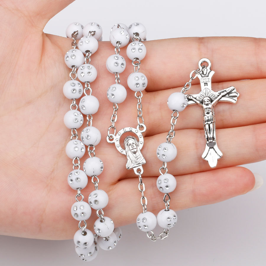 8mm New White Rosary Beads Religious Catholic Rosary Necklace Five-Decade Rosary Prayer Jesus Crucifix Stars Mary Centerpiece