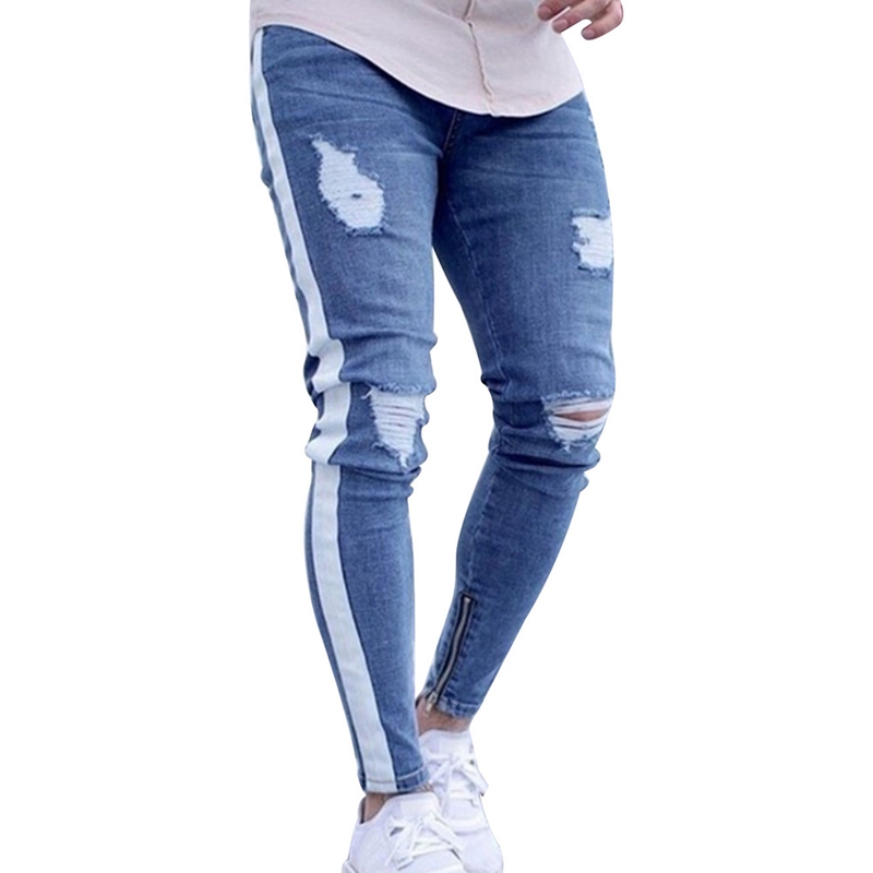 Men's Jeans Knee Hole Side Zipper Slim Distressed Men Ripped Tore Up For Stripe Pants B4
