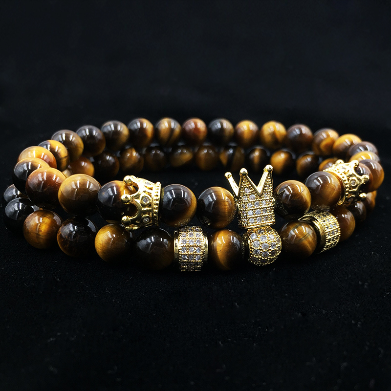 Men's Bracelet 2pcs/ set of Luxury Natural Tiger eye Stone CZ Crown Charm Wrist Strap accessories Gift Valentine's Day Holiday Christmas
