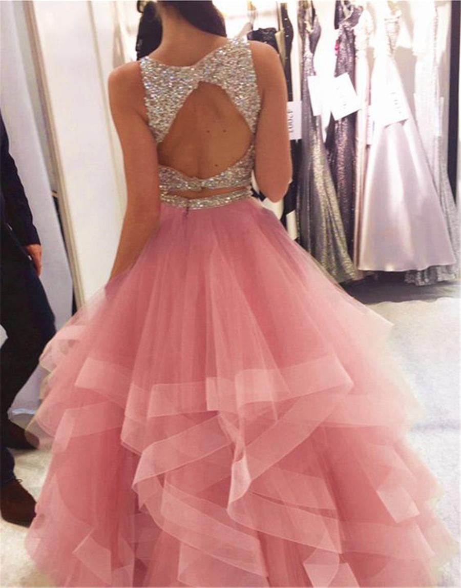 Exquisite Sequin Beaded Prom Dresses Organza Ruffles Two Piece Pink Crystals Bodice Long Evening Gowns Elegant Prom Party Dress