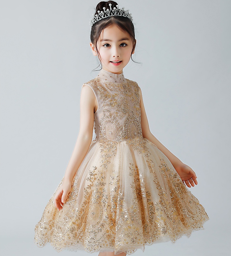 Sparkly Gold Sequined wer Girls Dresses For Weddings Beaded Short Toddler Pageant Gowns High Neck Knee Length Tulle Kids Prom Dress