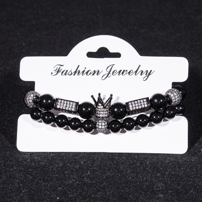 2pcs/Set Zircon Ball Men Women Jewelry Cubic Micro Pave CZ Crown Charm 8mm 10mm Black Onyx Round Stretchy Bracelet