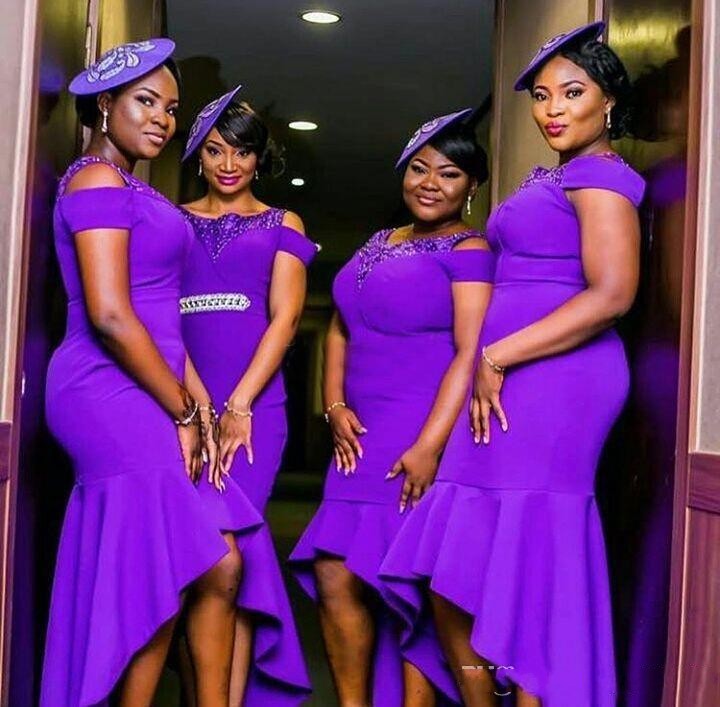 Hi-Lo Mermaid Purple Bridesmaid Dresses African Nigerian Beaded Scoop Neck Satin Wedding Party Maid Of Honor Dress Formal Gowns