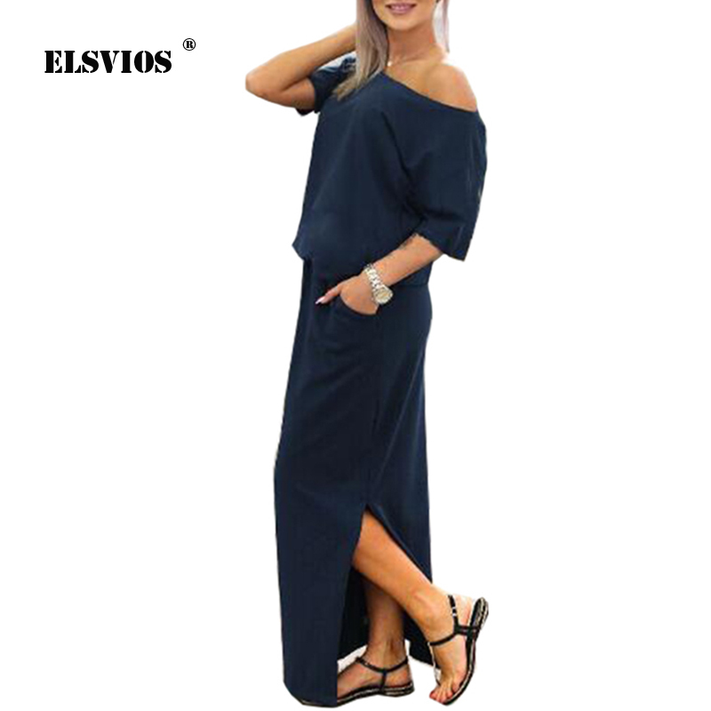 ELSVIOS Sexy Slash neck Side Split Loose Dress Women Summer Long Maxi Dress Short Sleeve Evening Party Dress Pocket Vestidos D1891304