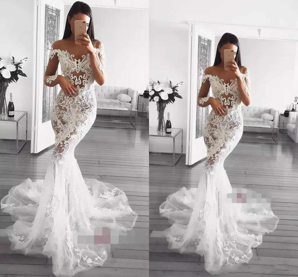 Mermaid Wedding Dresses Illusion Sheer Bateau Neck Sweep Train Long Sleeve Beach Wedding Gowns Lace Appliques Plus Size Bridal Dress
