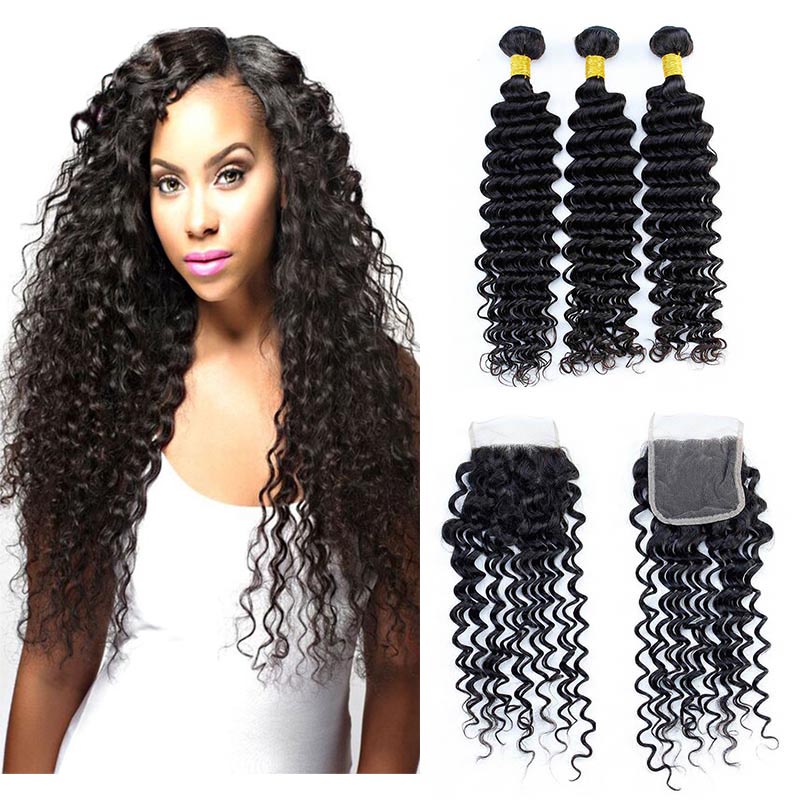 Brazilian Deep Wave Hair 3 Bundles With Closure 8a Unprocessed Brazilian Virgin Human Hair Weave Extensions With 4x4 Lace Closure Free Part, Natural color
Brazilian Deep Wave Hair 3 Bundles With Closure 8a Unprocessed Brazilian Virgin Human Hair Weave Extensions With 4x4 Lace Closure Free Part, Natural color