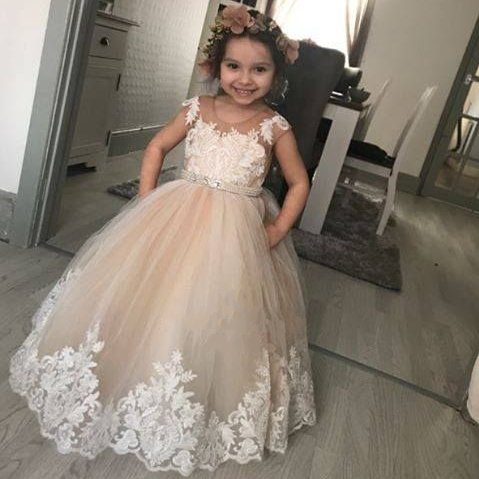 Ball Sale Gown Beaded Wer Girl Dresses For Wedding Sheer Jewel Neck Toddler Pageant Gowns Appliqued Tulle Kids Communion Dress