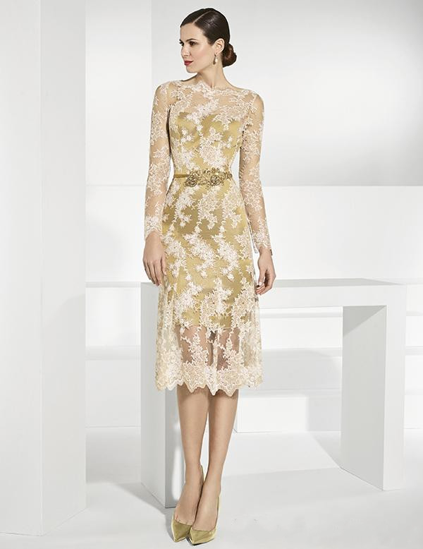 Gold Lace Mother Of The Bride Dresses Long Sleeves Jewel Neck Sheath Wedding Guest Dress Arabic Plus Size Dress Evening Wear