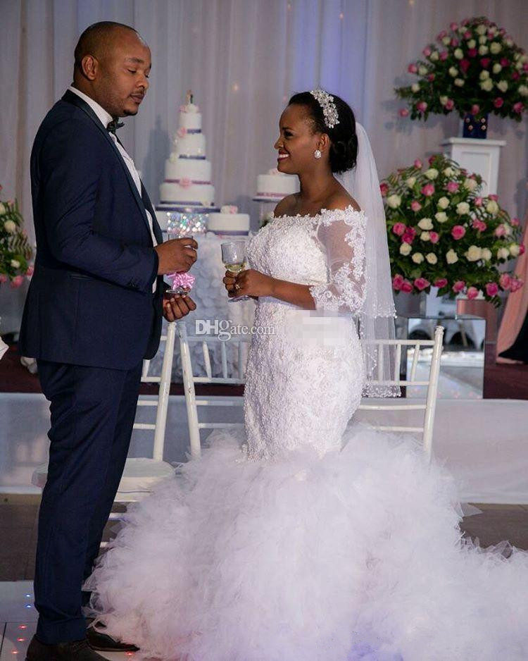 Modest African Mermaid Wedding Dresses Ruffles Chapel Train Off Shoulder Bridal Dress Vintage 3/4 Long Sleeves Wedding Gowns Plus Size