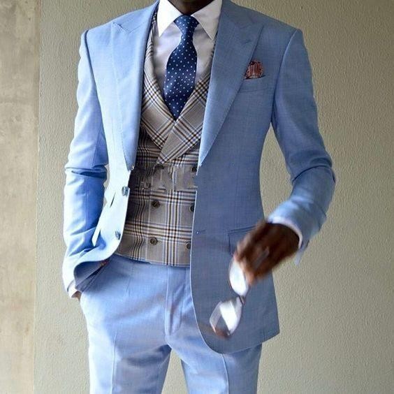 Brand New Light Blue Men 3 Piece Suit Wedding Tuxedos Groom Tuxedos Peak Lapel Two Button Men Business Prom Blazer(Jacket+Pants+Tie+Vest)623