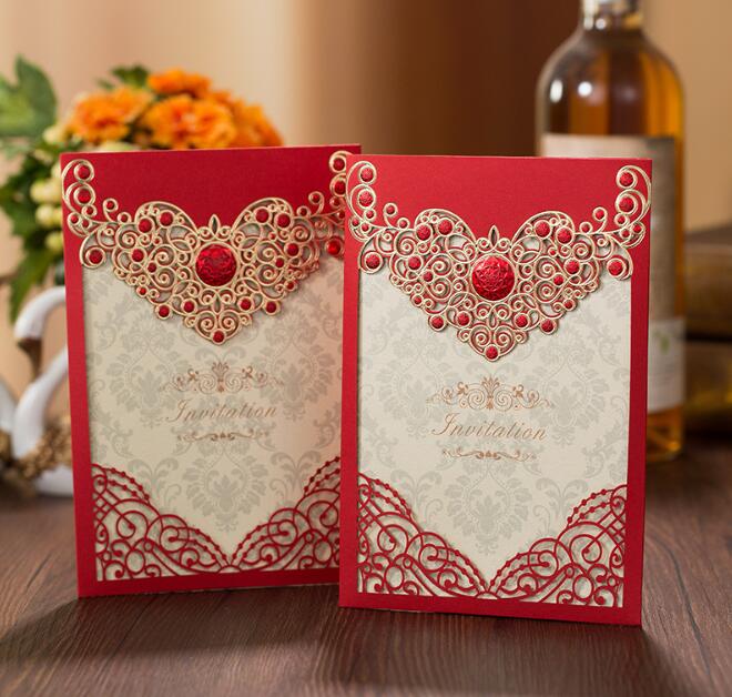 Romantic Laser Cut Wedding Invitation Card Gold Red Luxury Floral Elegant Lace Favor Envelopes Wedding Party Decoration