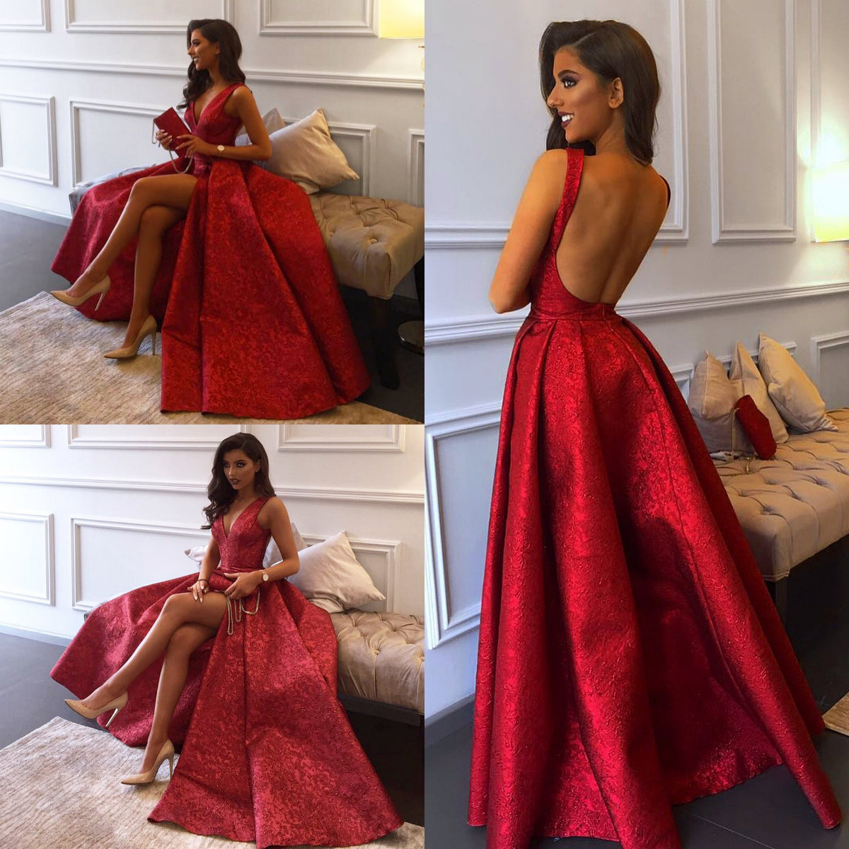 Luxury Customized Evening Dresses Red V Neck Lace Applique Backless Shiny Sequins Prom Dress With Side Split