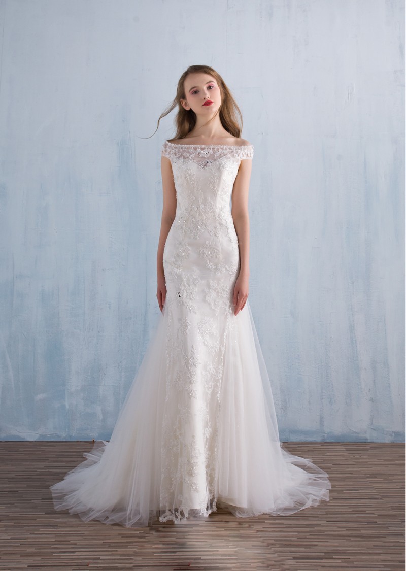 2018 Sheer Bateau Neck Wedding Dress Elegant Tulle Lace Applique Shining Sequins Bridal Gowns With Detachable Skirt