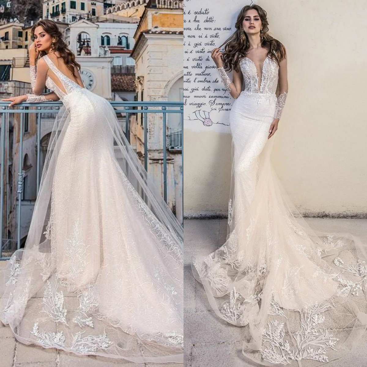 La Petra Mermaid Wedding Dresses New Arrival Sheer Long Sleeve Lace Appliques Bridal Gowns Sweep Train Wedding Dresses