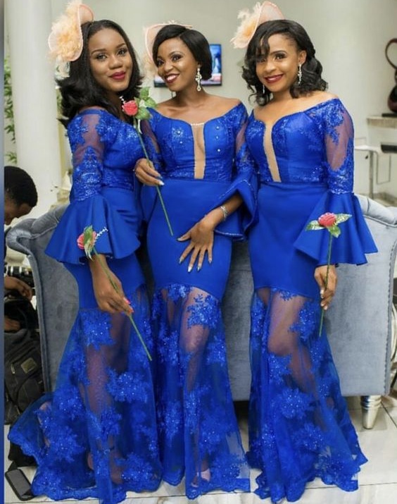 Blue Mermaid Lace Country Bridesmaids Dresses Sheer Plunging Neck Long Sleeves Wedding Guest Dress Beaded or Length Maid Of Honor Gowns