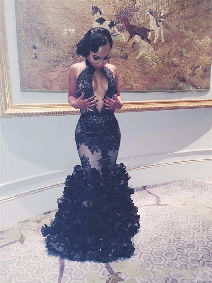 African Mermaid Prom Dresses Black High Neck Keyhole Lace Applique Sequins Backless 3D Flowers Tiered Evening Dress Wear Party Gowns