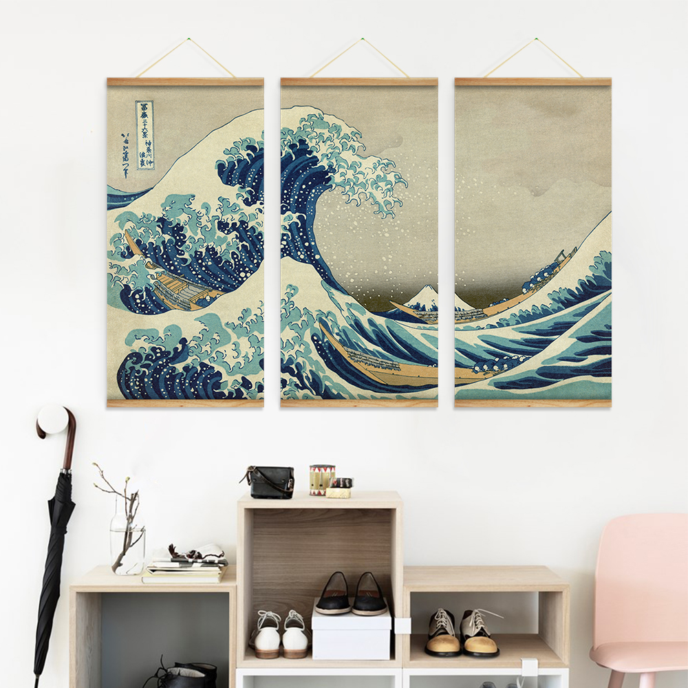 3Pcs Japan Style The great wave off Kanagawa Decoration Wall Art Pictures Hanging Canvas Wooden Scroll Paintings For Living Room