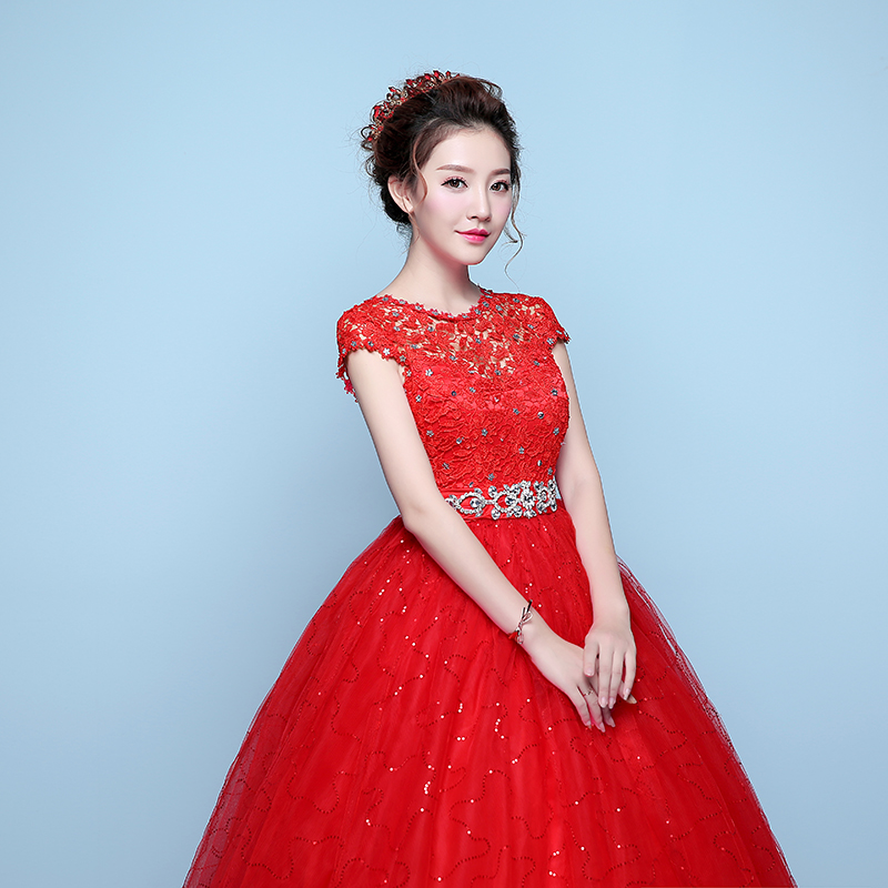 2018 New Fashion A-Line Wedding Dresses O-Neck Short Sleeve Beaded Sashes White Ball Gown Lace Up Bridal Dress Vestidos De Novia