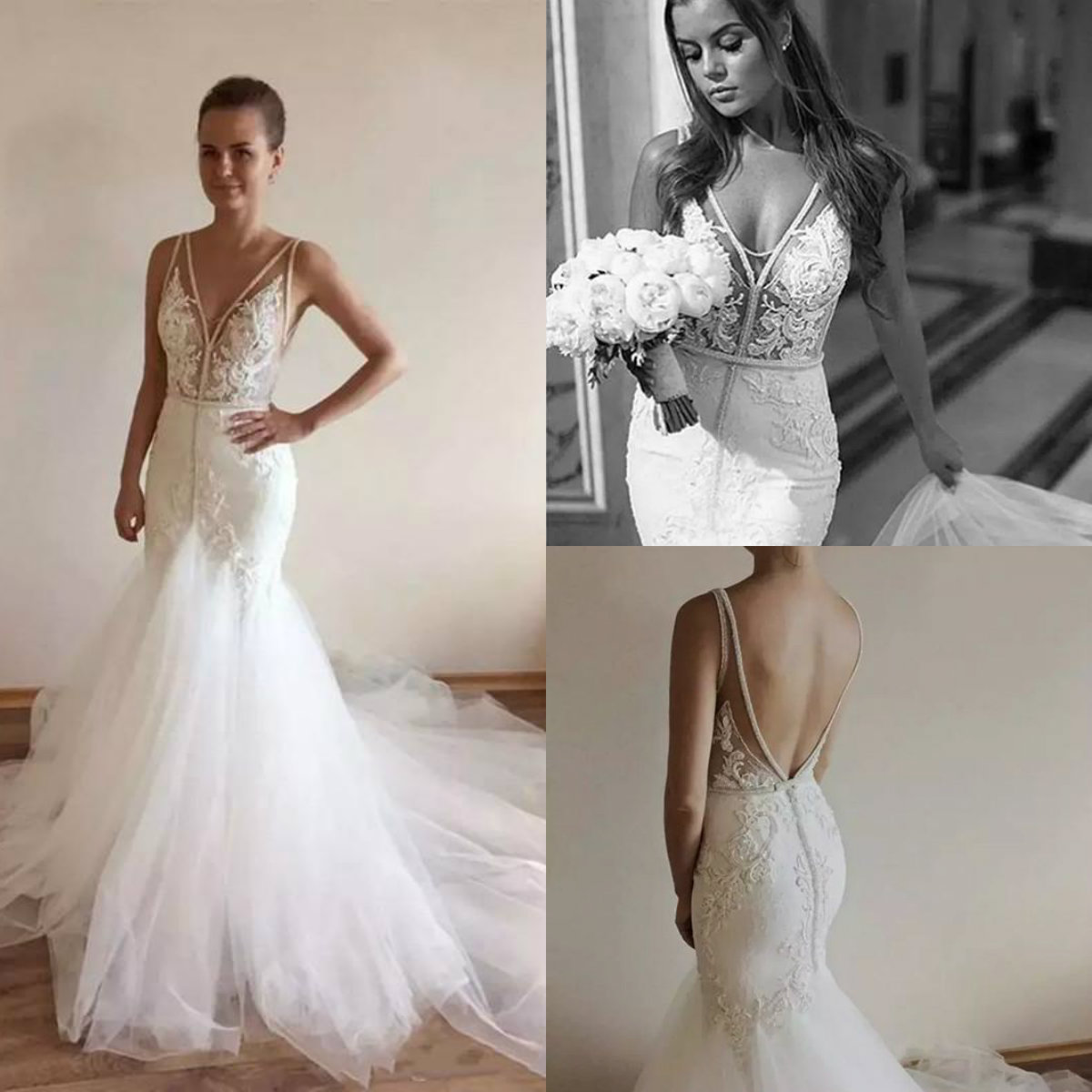 Sexy Mermaid Wedding Dresses V Neck Lace Appliques Backless Sweep Train Boho Wedding Dress Sweep Train Beaded Plus Size Bridal Gowns