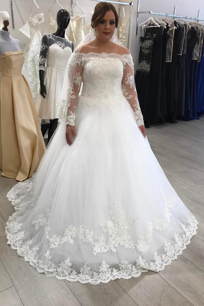 A-line Long Sleeves Lace Wedding Dress Plus Size White Vintage Off The Shoulder Bridal Ball Gowns Custom Made Vestido De Novia