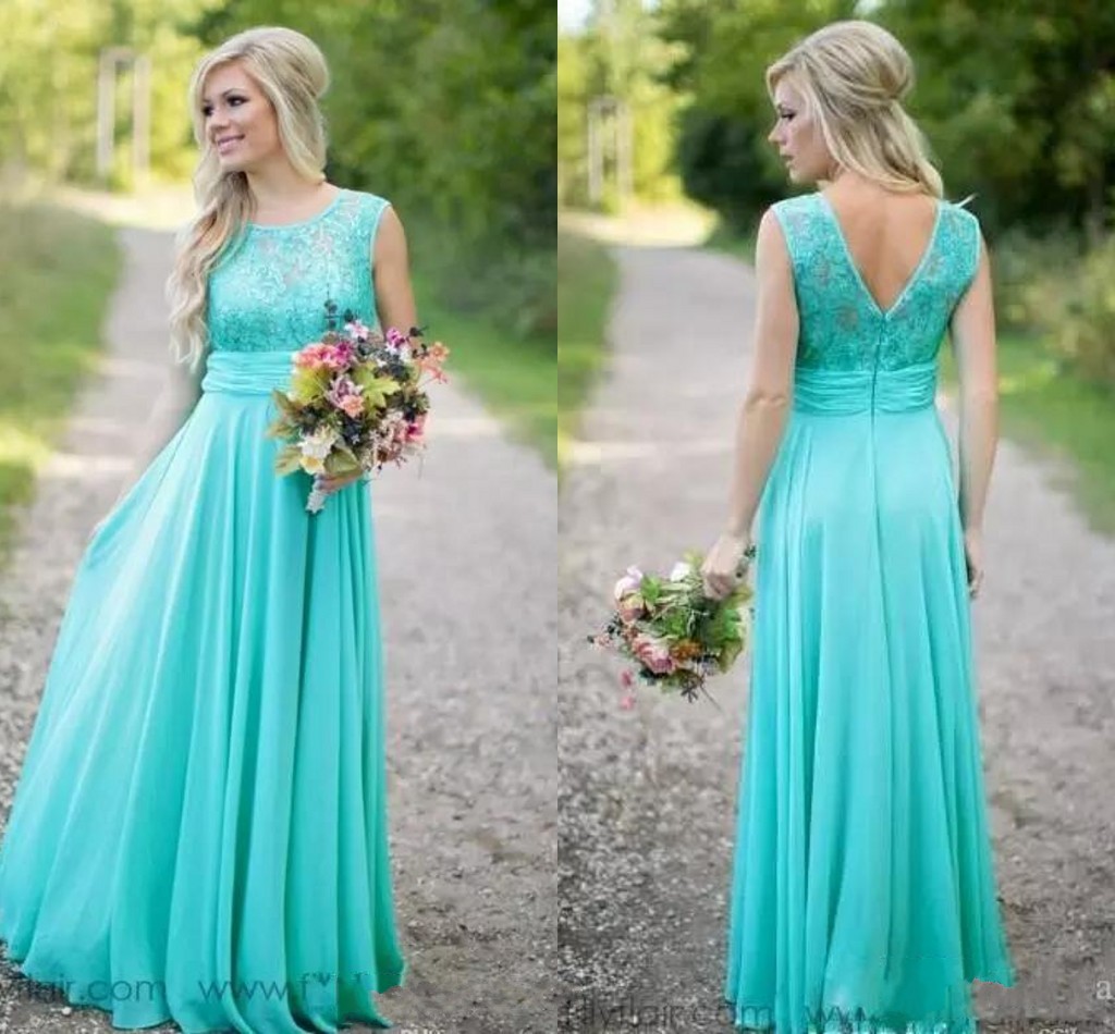 Turquoise New Bridesmaids Jewel Neck Lace Chiffon Long Country Bridesmaid Maid Of Honor Wedding Guest Dresses Custom Made