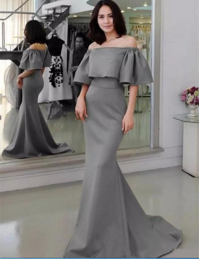 Gray Mermaid Evening Dresses Off Shoulder Long Cheap Mermaid Satin Prom Dress with Sleeves Formal Party Gowns