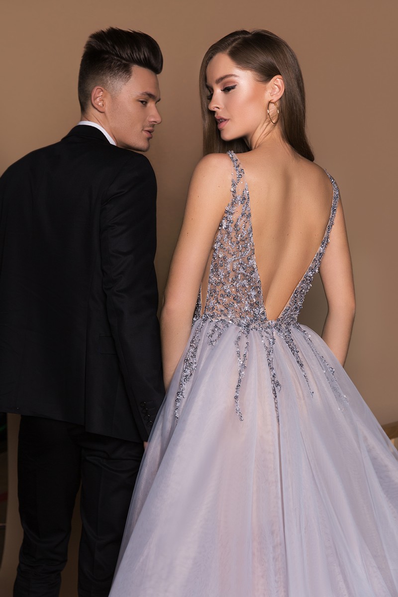 Sexy Illusion Bodice Evening Dresses Sheer Deep V Neck Sequins Backless Formal Evening Gowns Long Prom Dress