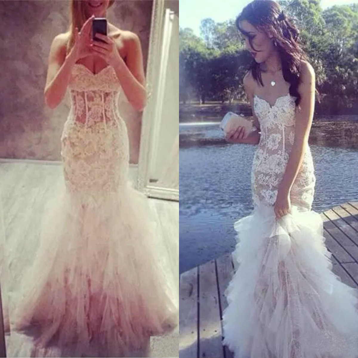 Illusion Bodice Mermaid Wedding Dress With Sweetheart Lace Appliques Exposed Boning Bridal Gowns Tiered Skirts Tulle Wedding Dresses