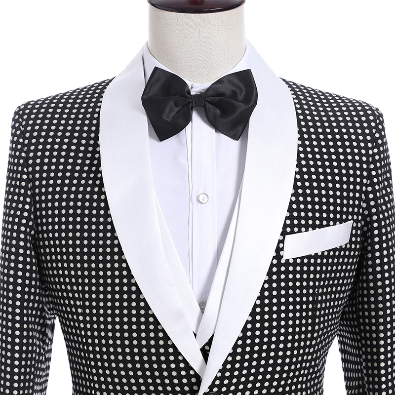 Black white point Groom Tuxedos One Button Side Vent Groomsmen Blazer High Quality Men Business Prom Suit(Jacket+Pants+Tie+Vest) 420