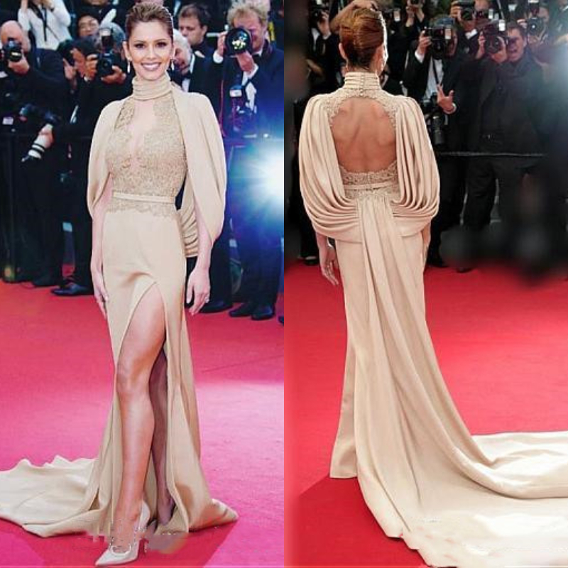 Oscar Hot Red Carpet Evening Dresses High Neck Keyhole Special Occasion Dress Lace Appliqued Sexy Keyhole High Split Formal Prom Party Gowns