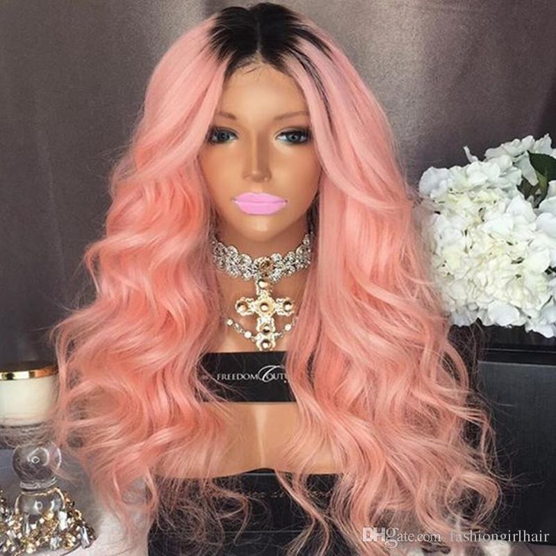 High Temperature brazilian Natural Hair Body Wave synthetic wig Long ombre Pink Synthetic Lace Front Wig for Women