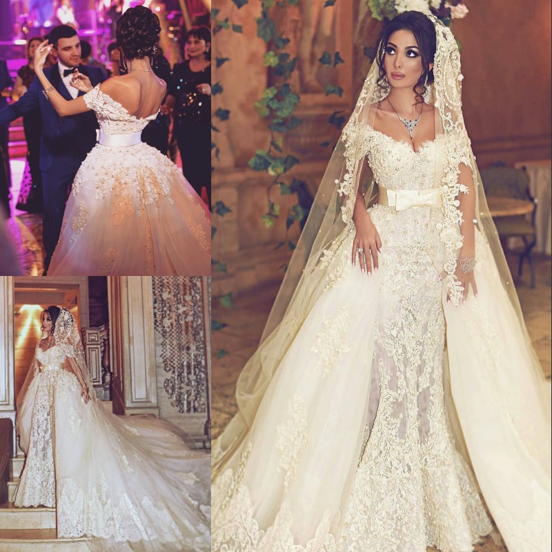 Luxurious Pearls Mermaid Wedding Dress With Overskirt Off Shoulder Beads Floral Lace Appliques Wedding Gown Glamorous Saudi Bridal Dresses