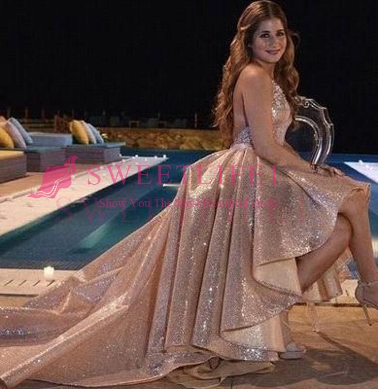 Shinny Rose Gold Sequins Prom Dresses 2019 Sexy Backless Halter Neck High Low Evening Gowns Formal, Water melon
Shinny Rose Gold Sequins Prom Dresses 2019 Sexy Backless Halter Neck High Low Evening Gowns Formal, Water melon