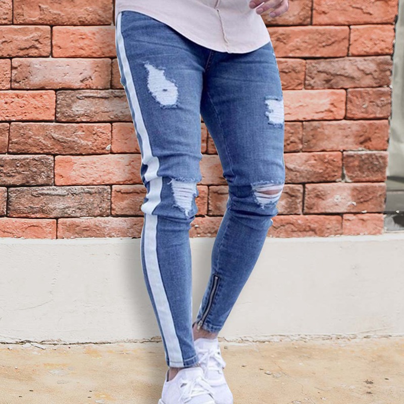 Men's Jeans Knee Hole Side Zipper Slim Distressed Men Ripped Tore Up For Stripe Pants B4