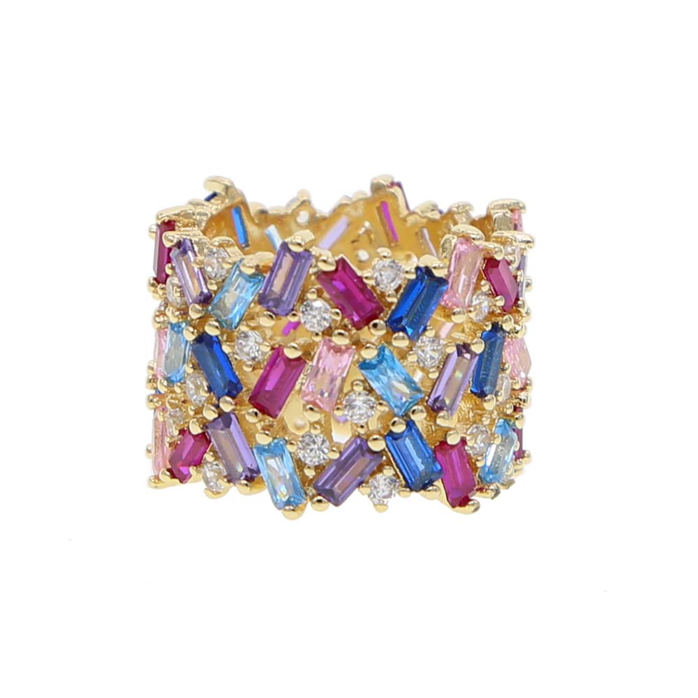 2024 Promotion Hot Selling Gold Rainbow Cz Ring Wedding Engagement Band Stacking Stacks Cz Eternity Colorful Finger Jewelry for Women