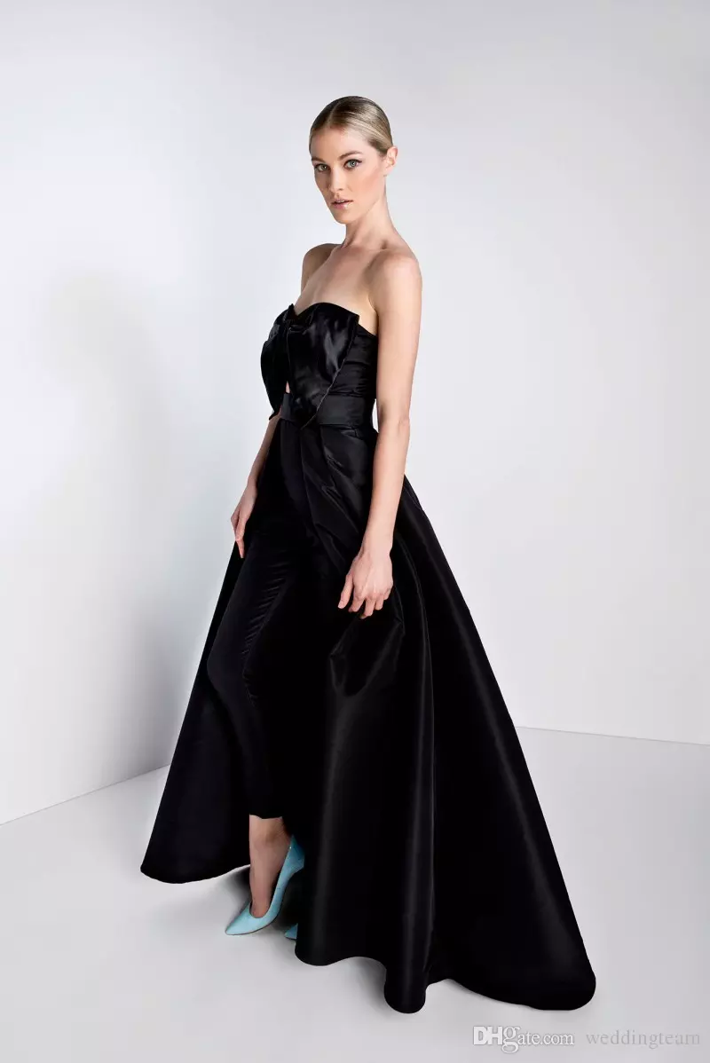 Elegant Black Jumpsuits Prom Dresses With Detachable Train Bow Strapless Neck Formal Evening Gowns Satin Overskirt Prom Dress Custom