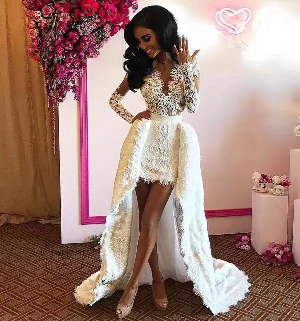 Sexy Short Prom Dresses With Detachable Long Train Lace Appliques Deep V Neck Long Sleeves Evening Gowns Custom Made Formal Dress Party