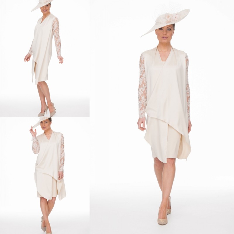 Elegant Lace Long Sleeves Mother of the Bride Dresses Jewel Neck Knee Length Two Pieces Evening Gowns Wedding Guest Dresses Custom Made