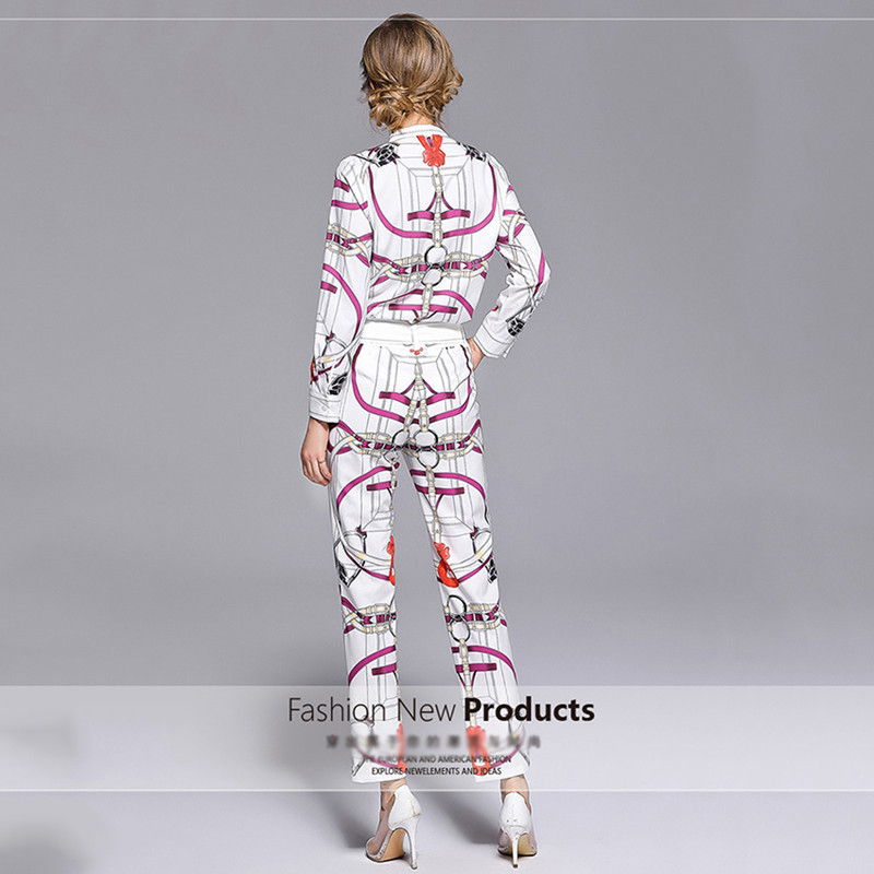 2018 Fashion Chain Printed Suit Sets 2 Piece Bow Collar Full Sleeve Shirt Top + Belt Pencil Pants Sets For Women Runway Twinsets D18110706