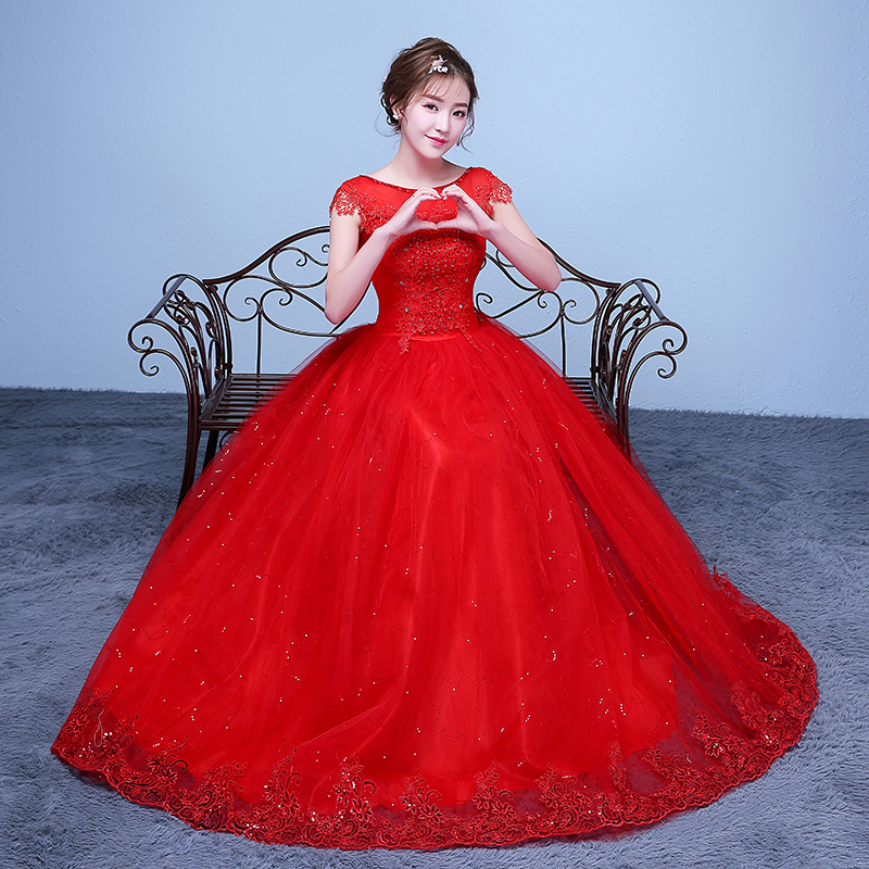 Summer Lace Sequined Red Romantic Wedding Dresses 2018 New Korean Style Simple Pricess Grown Vestidos De Novia Free shipping