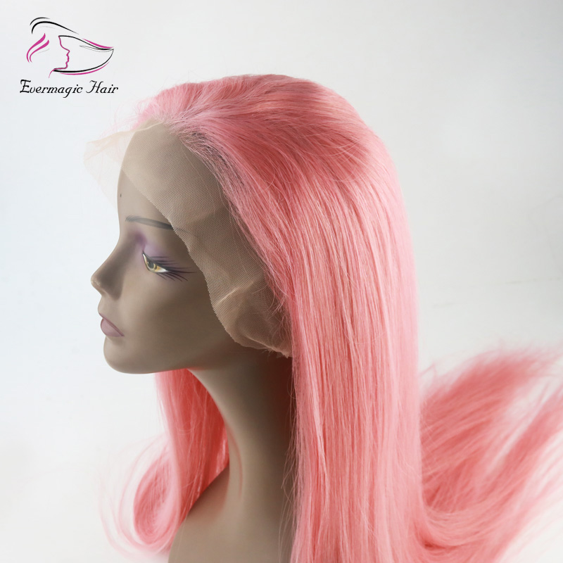 Evermagic Brazilian human hair full lace wigs light baby pink color straight silk base wig hair
