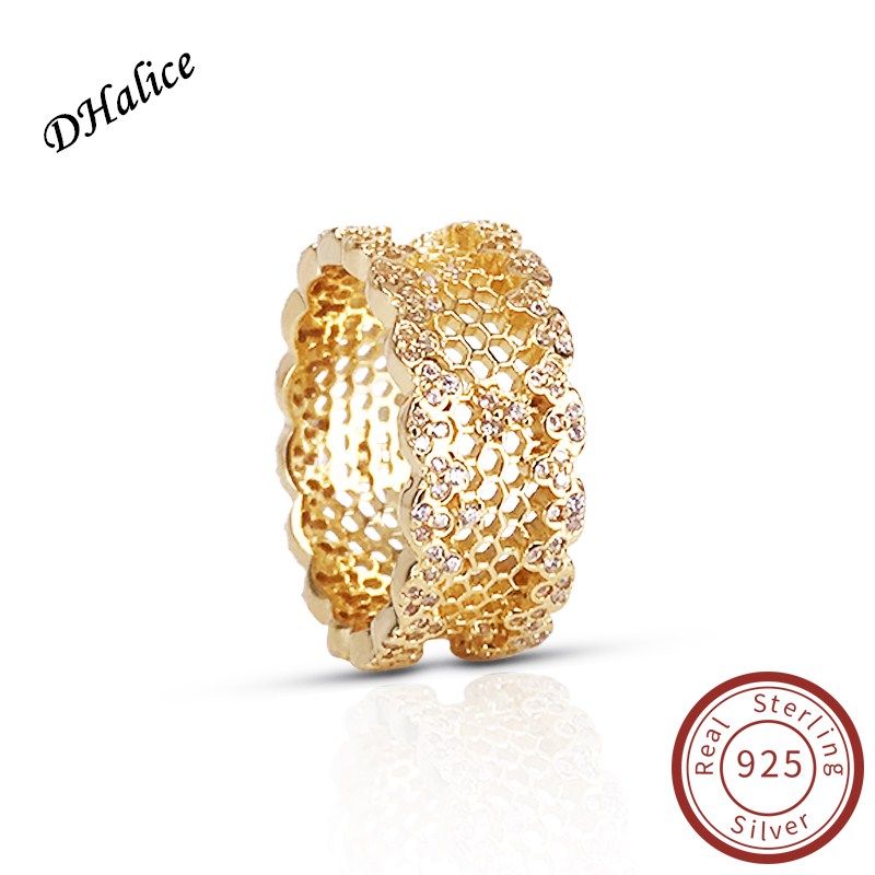 Pandora Real 925 Sterling Silver Honeycomb Lace Ring with Logo style Brand 18K Gold Plated Jewelry for Women