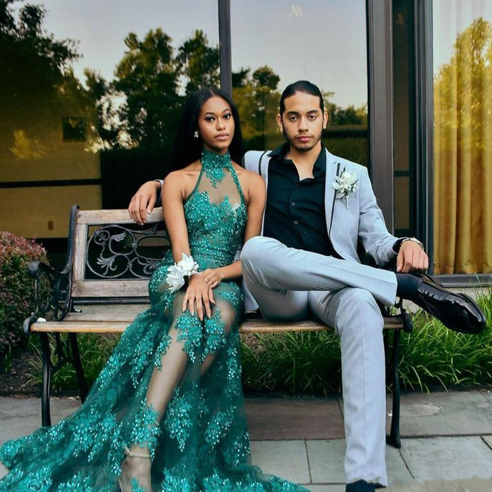 Hunter See Through Prom Dresses High Neck Lace Appliques Mermaid Evening Gowns South African Sweep Train Cocktail Party Dress Custom Made