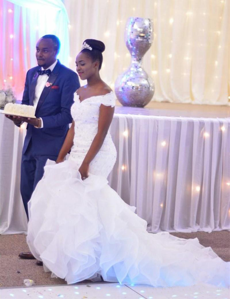 Mermaid Plus Size Wedding Dresses Off Shoulder Short Sleeves Beaded Lace Ruffles Organza Bridal Gowns Vestido de Noiva