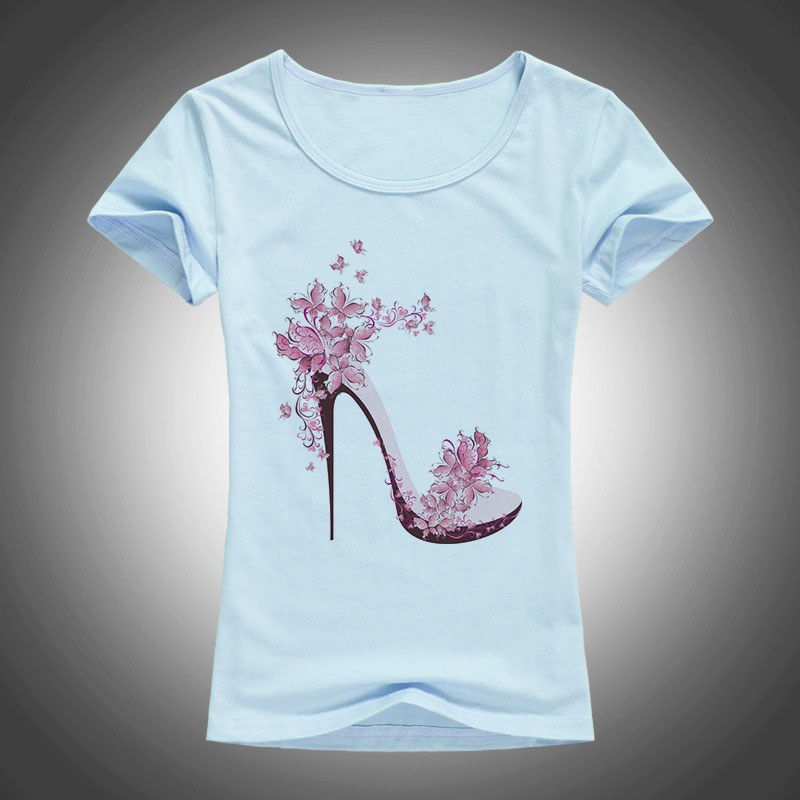 new beautiful High heels printed summer cotton t shirt women tops tees short sleeve fashion Casual T-shirt 1866