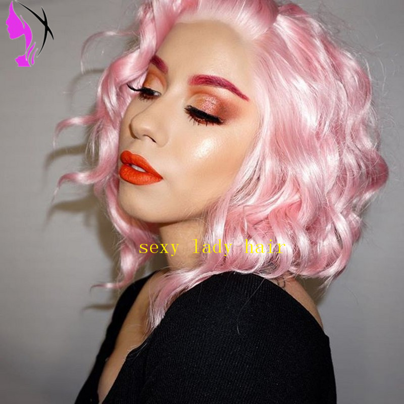 Side part Short Bob Hairstyle wig Heat Resistant natural deep wave Pink Synthetic Lace Front Wigs Soft Hair For Women natural hairline