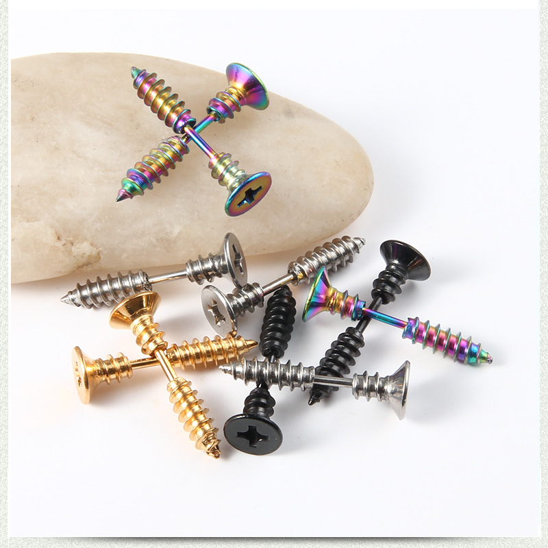 Hip Hop Stainless Steel Screw Stud Earrings Jewelry Vingate Men's No Fading No Allergies Earrings