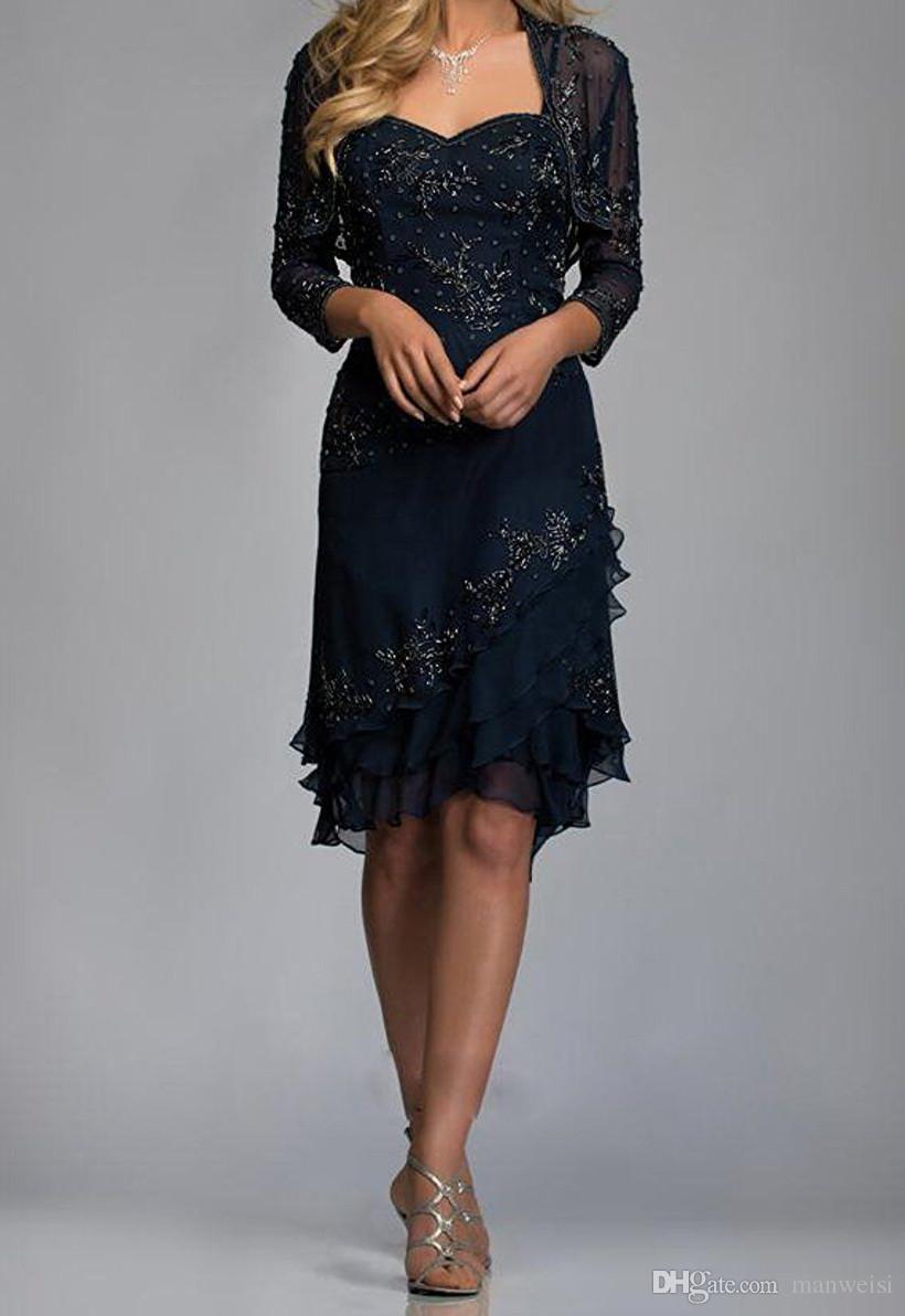 Dark Navy Mother Of The Bride Dresses With Jacket Cheap Lace Wedding Guest Dress Knee Length Plus Size Mothers Formal Wear