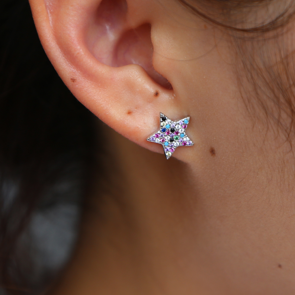 100% 925 sterling silver jewelry lovely cz star stud rainbow color mix colorful cz stone star earring for 2018 Christmas gift